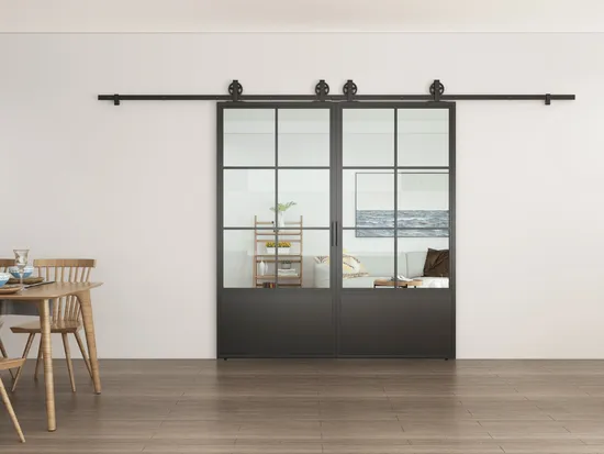 French Black Carbon Steel Frame Clear Glass Interior Sliding Barn Door Hardware