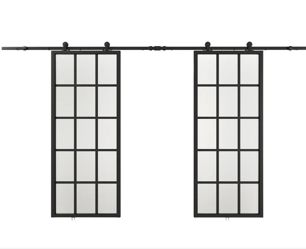 Double Steel Frame Clear Glass Barn Doors with Hardware