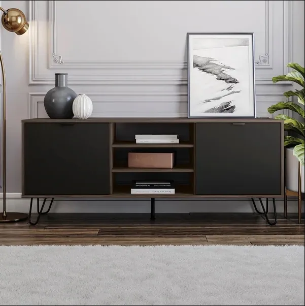 Modern Black Nightstand High Metal Base Bedside Table