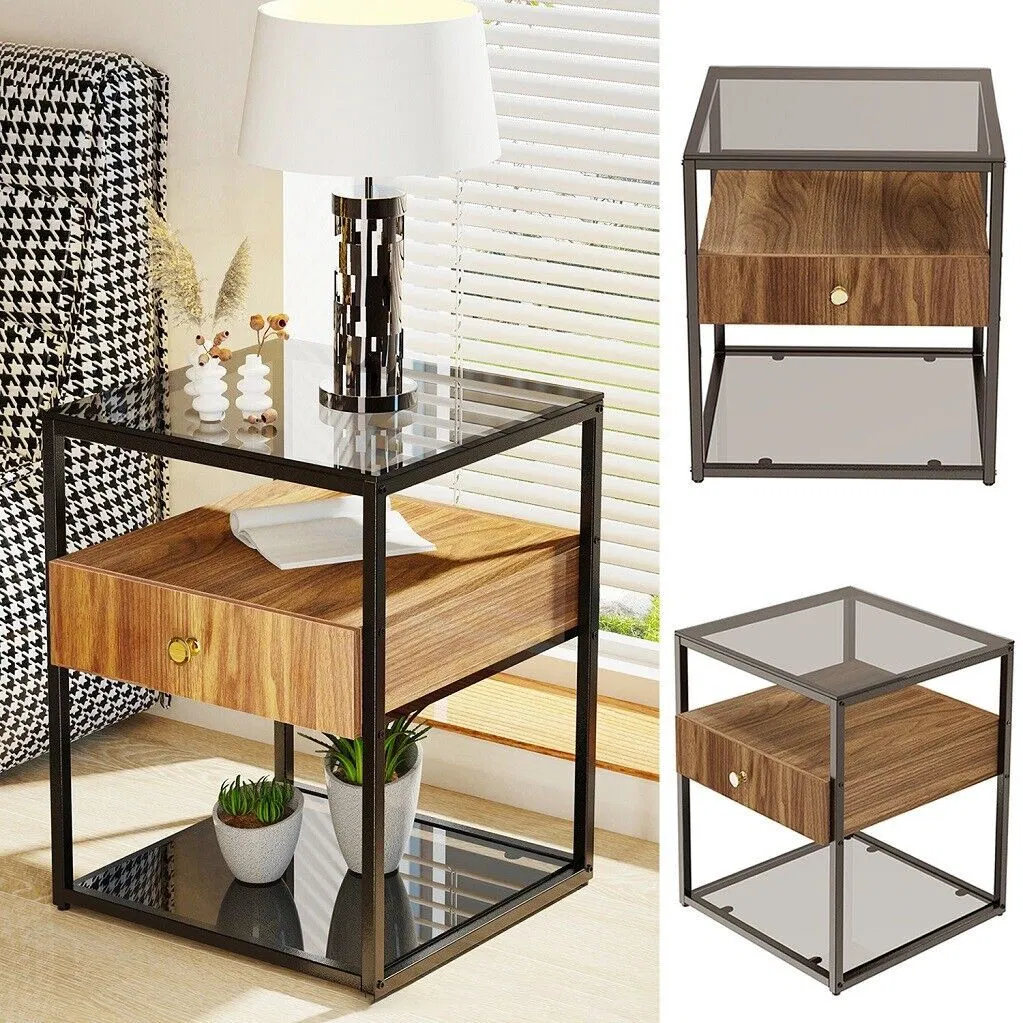 2 Layer Tempered Glass Coffee Table Square Nightstand Sofa End Bedside Table