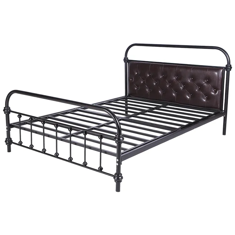 Diamond Leather Headboard Sturdy Iron Platform Bed Frame